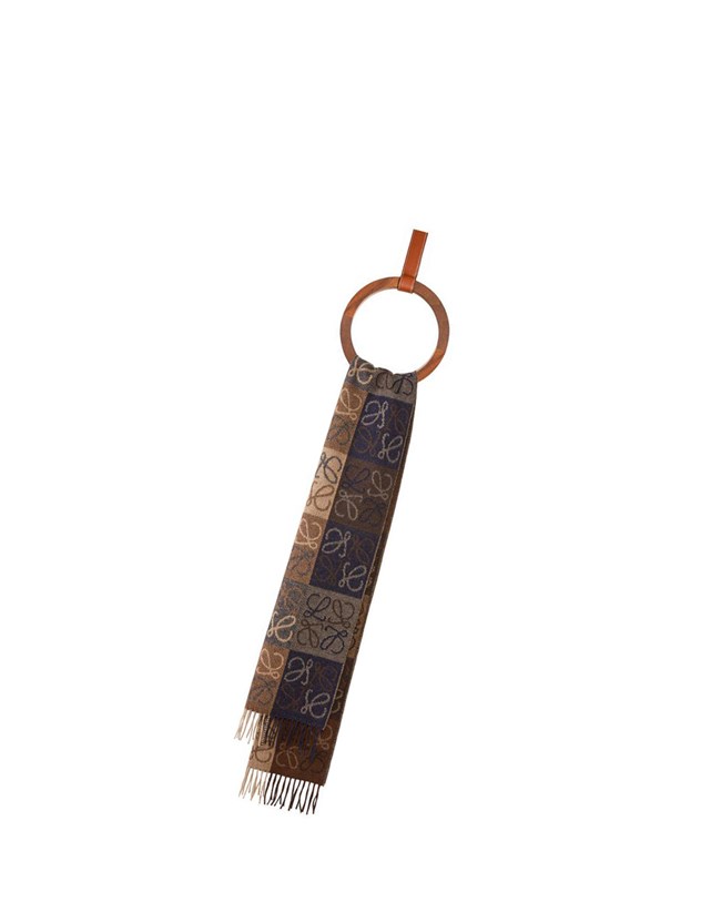 Loewe Anagram scarf in wool and cashmere Bleu Marine Marron | 9234RBUXE