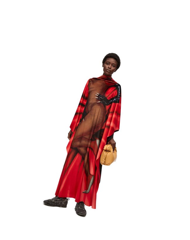 Loewe Body print kaftan dress in velvet Rouge | 7950FCEPQ