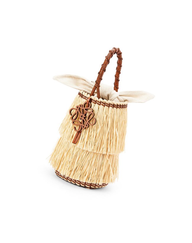 Loewe Frayed Bucket bag in raffia and calfskin Natural / Tan | 6981SVGFL