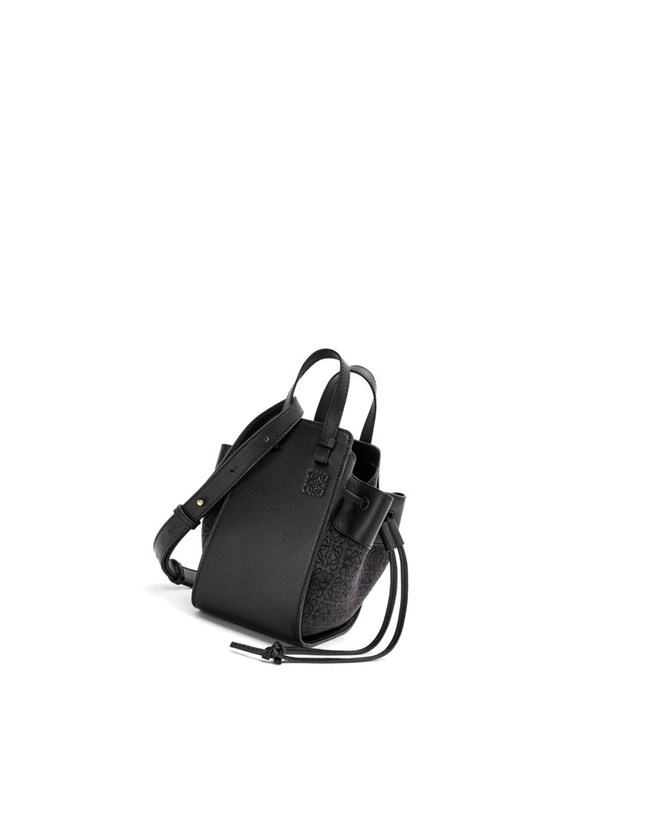 Loewe Mini Hammock drawstring bag in Anagram jacquard and calfskin Noir | 7603XYIOF