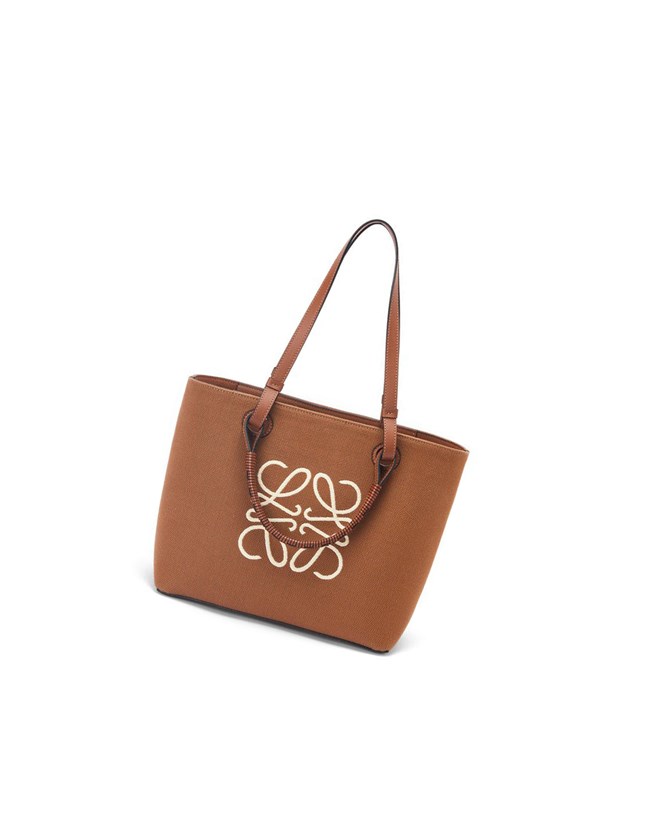 Loewe Small Anagram Tote bag in jacquard and calfskin Tan / Pecan | 7543UKNTG