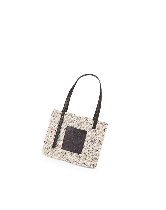 Loewe Small Newspaper Square Basket bag in paper and calfskin Noir Multicolore | 9035NRLJQ